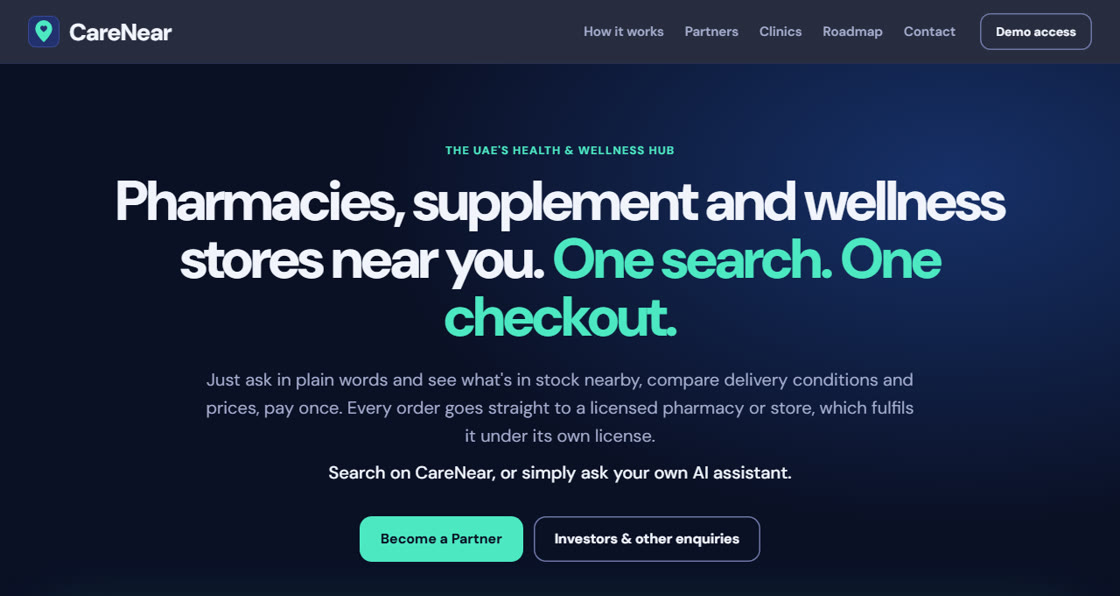 CareNear app showing nearby pharmacies and one basket